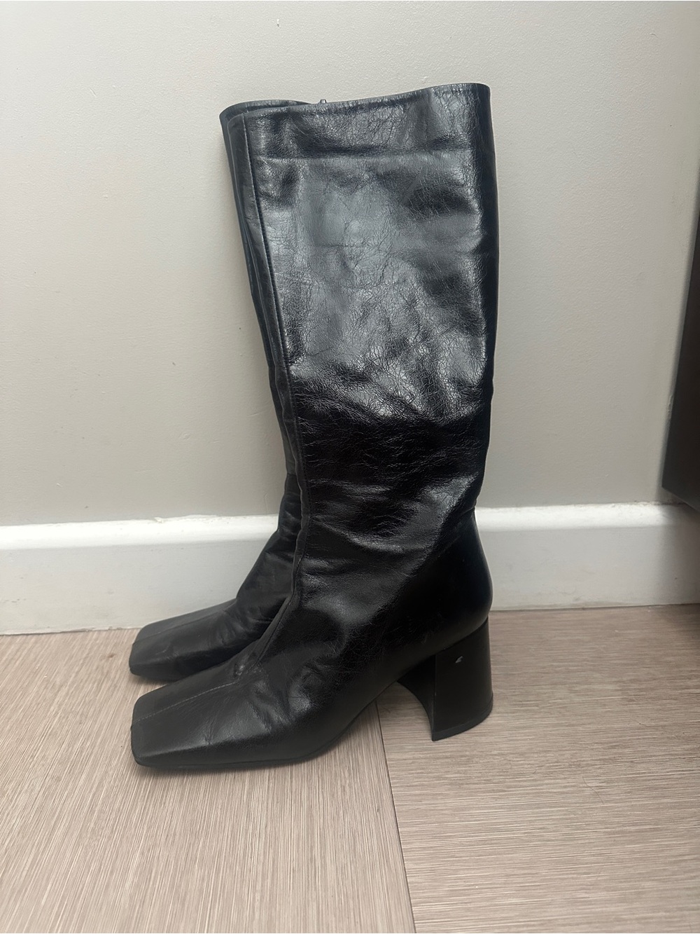 ASOS Black Leather Mid-Calf Block Heel Boots